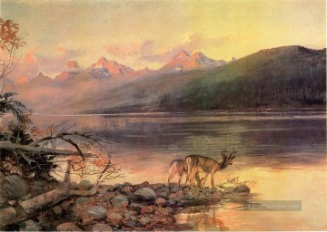  Mer Malerei - Deer am See McDonald Landschaft Westlichen Amerikanischen Charles Marion Russell